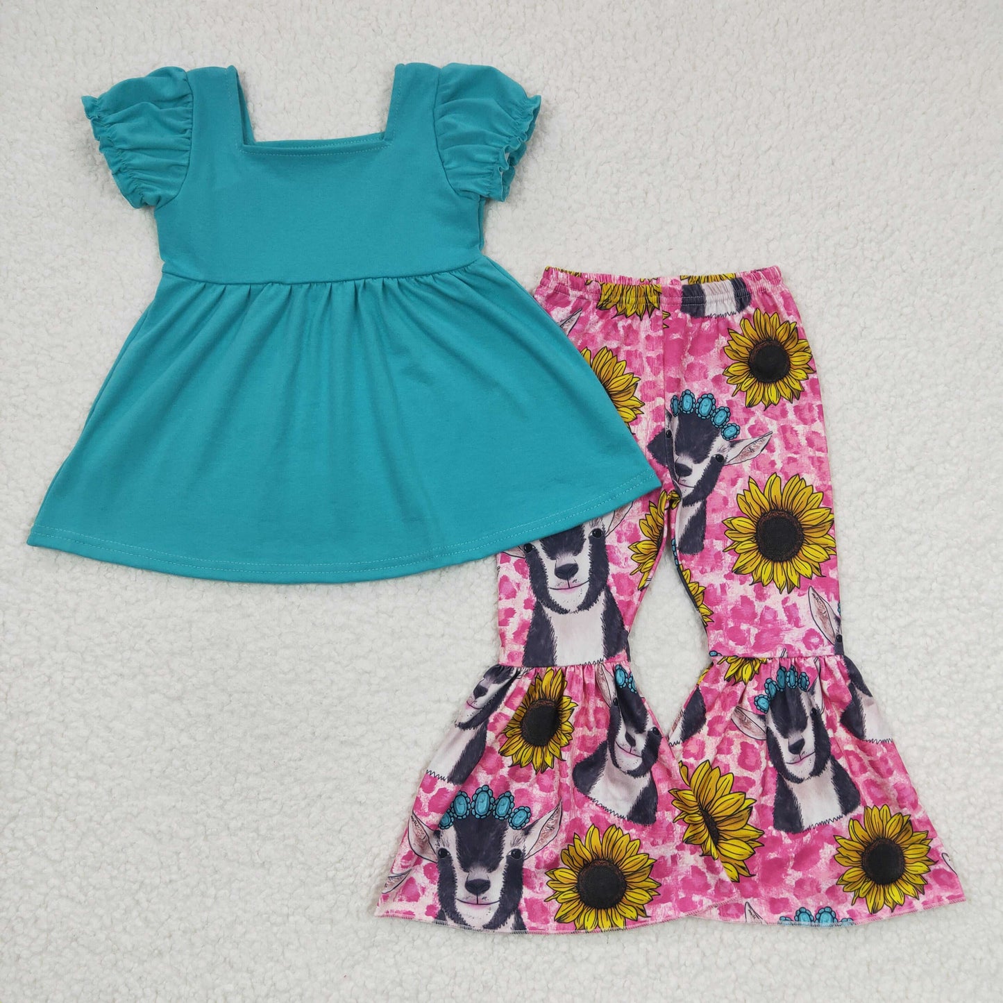 Girls blue top cow sunflower print outfit GSPO0345