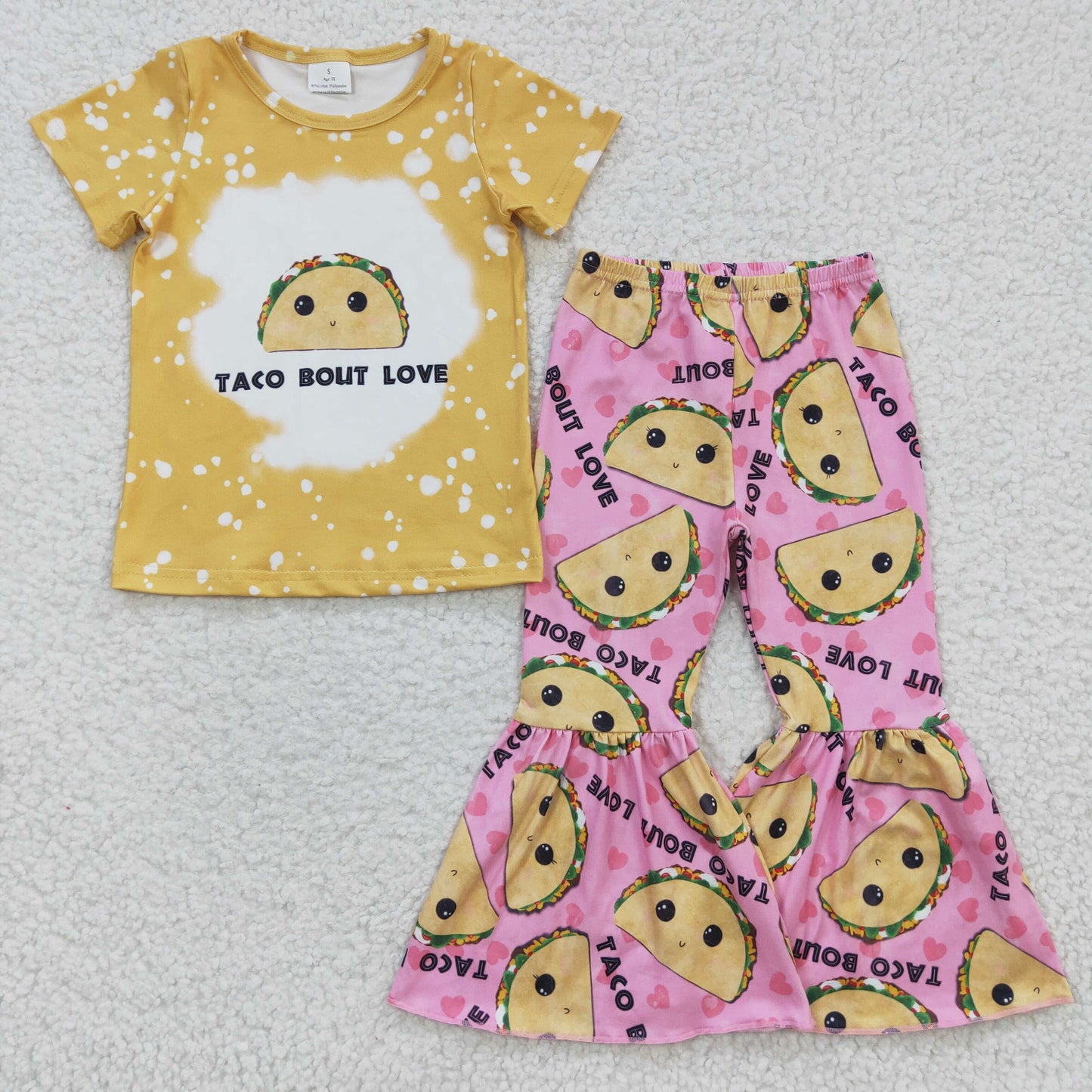 Toddler Girl Taco Print Outfit - "Taco Bout Love" Top & Pink Bell Bottom Pants Set
