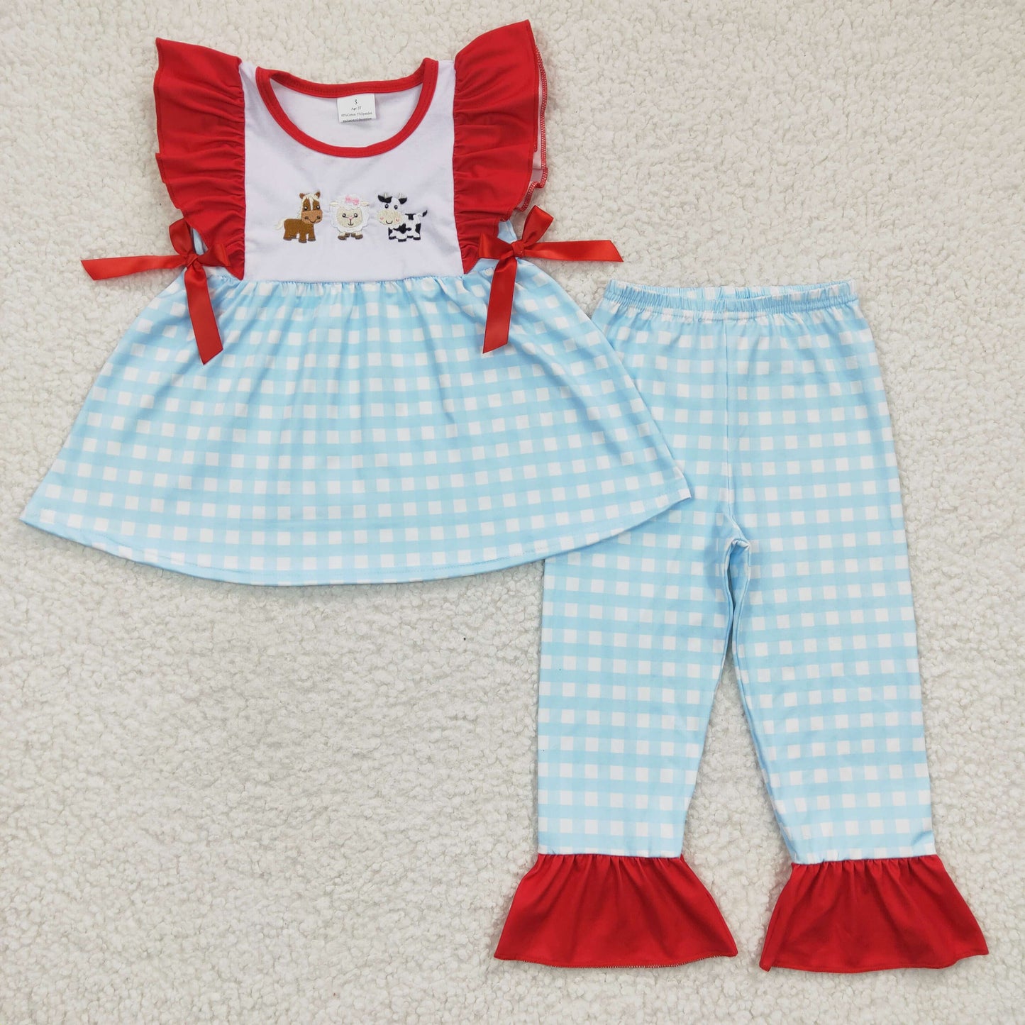 Farm Animals embroidery Tunic Top plaid pants Girls outfit GSPO0381