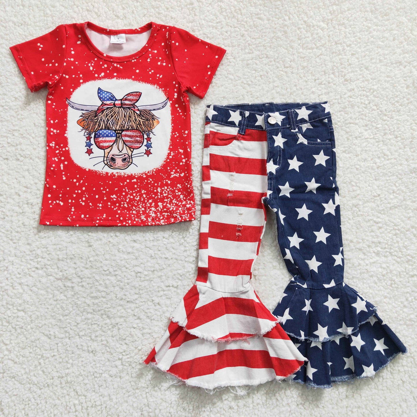 Girls cow 4th of July print Denim Pants outfits GSPO0408
