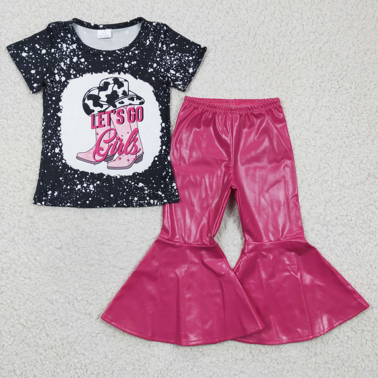 Let's go girls print top hot pink leather bell pants outfits GSPO0442