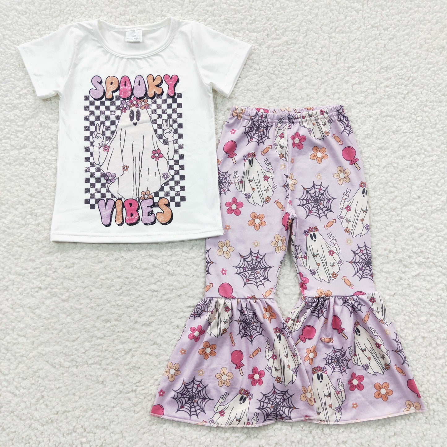 GSPO0606 Spooky Vibes White Top Flowers Bell Pants Girls Halloween Clothes Set