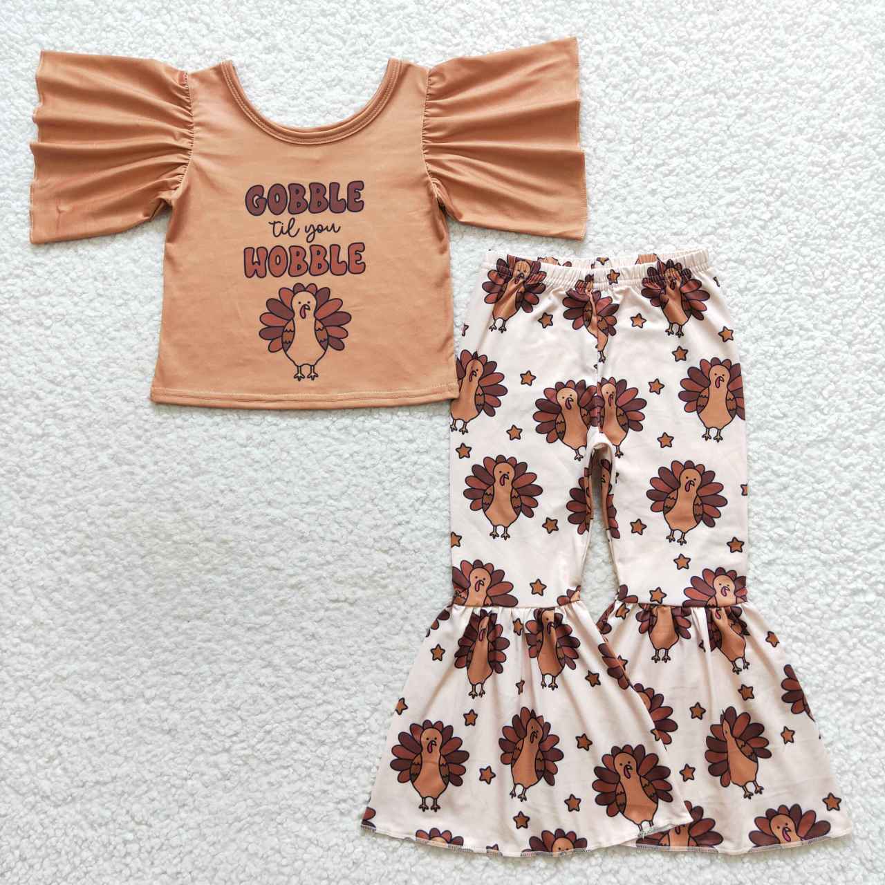 GSPO0702 GOBBLE WOBBLE Turkey Top Bell Pants Girls Thanksgiving Clothes Set