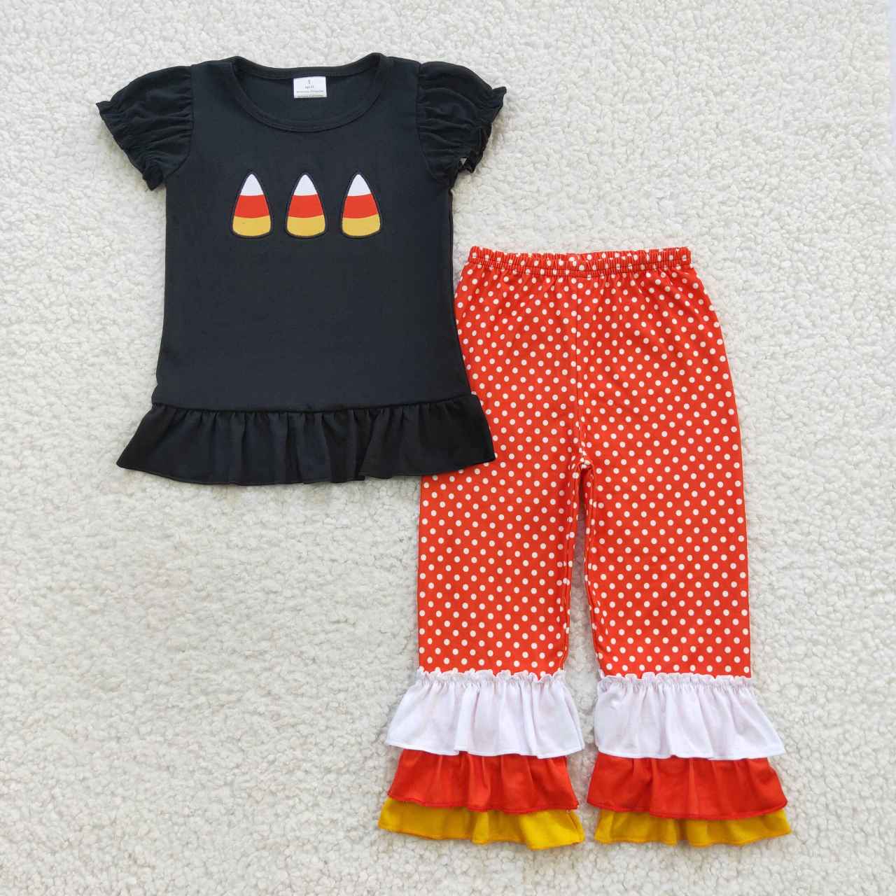 GSPO0709 Candy Embroidery Black Top Dots Ruffle Pants Girls Halloween Clothes Set