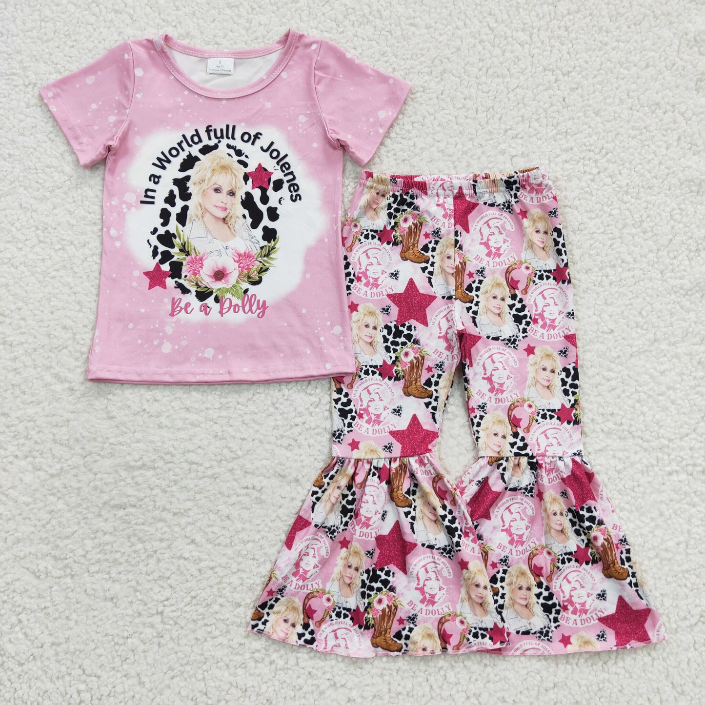 GSPO0719 Singer Doll* Pink Top Flowers Boots Bell Pants Girls Clothes Set