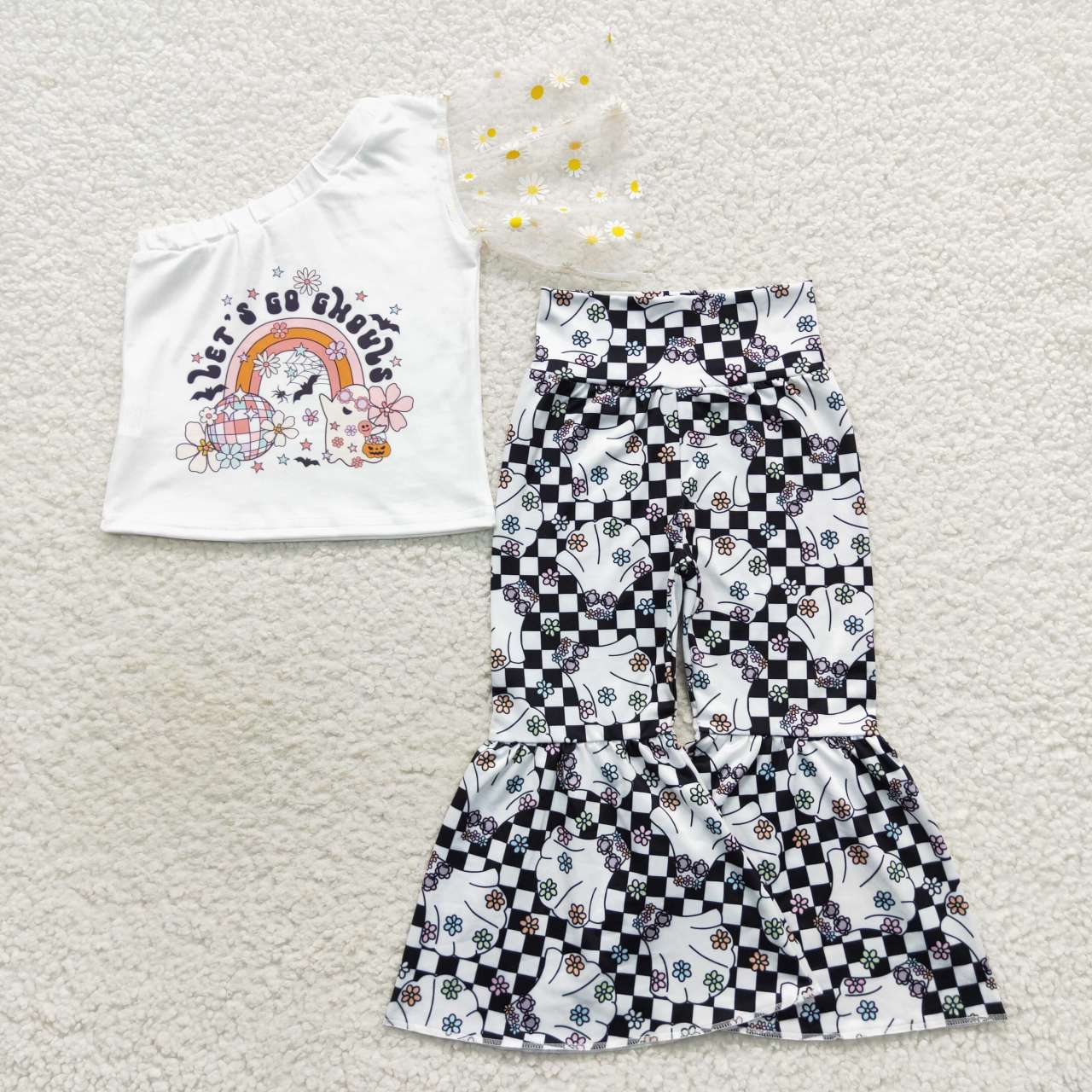 GSPO0820 Ghost Flowers One Shoulder Sleeve Top Checkerd Bell Pants Girls Halloween Clothes Set