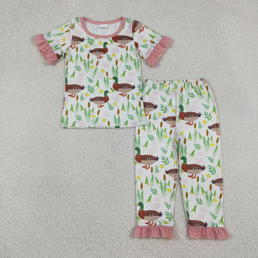 Sibling Baby Girls Pink Short Ruffle Sleeve Flowers Ducks Top Short Pants Pajamas Clothes Sets
