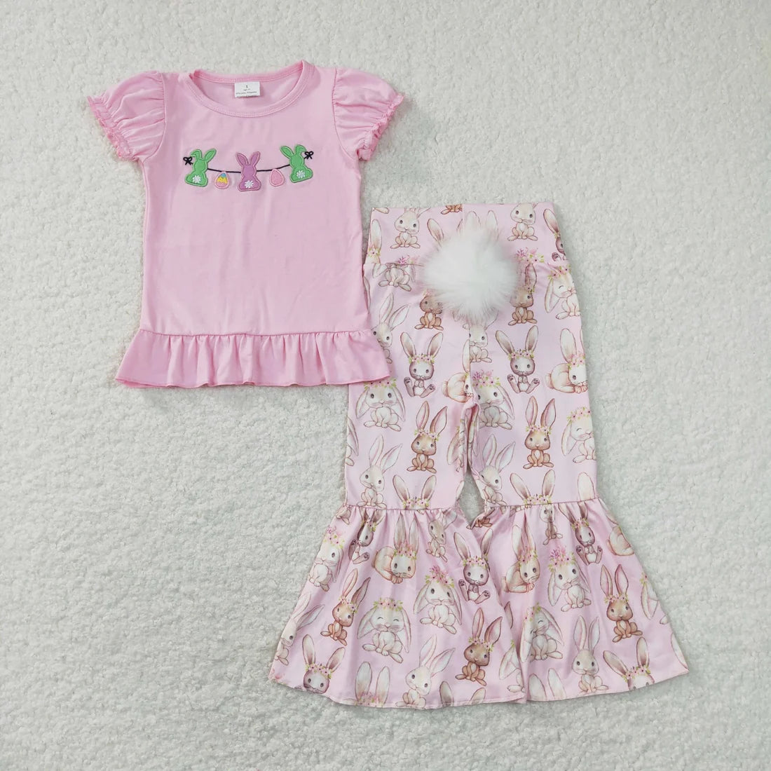 Sibling Baby Kids Embroidery Rabbits Eggs Jesus Top Pants Easter Clothes Set