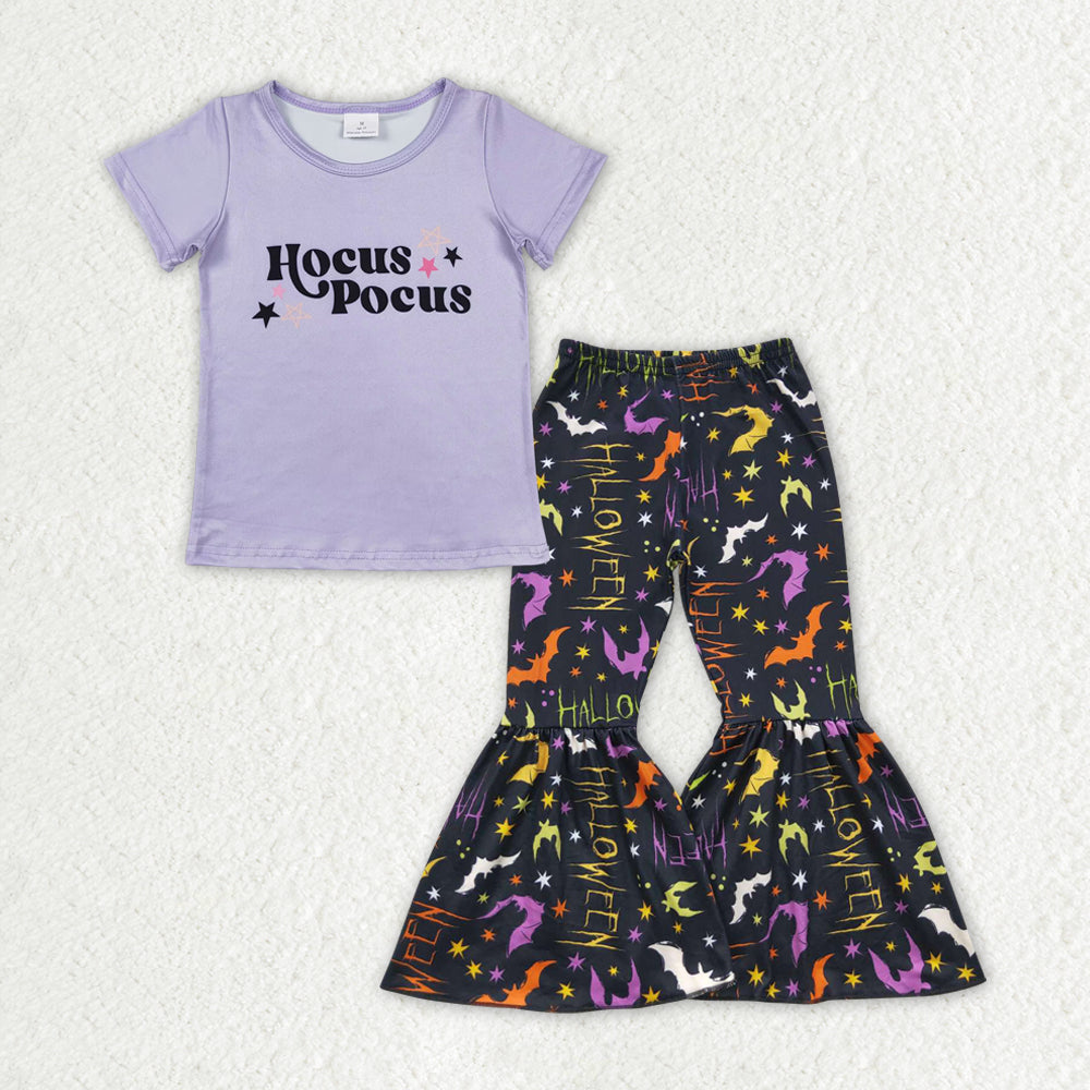 GSPO1699 Witch Purple Top Stars Bell Pants Girls Halloween Clothes Set