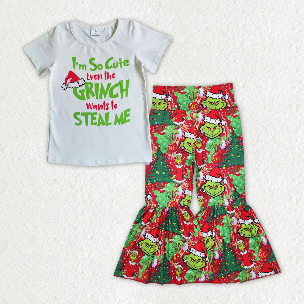 GSPO1723 Green Frog White Top Bell Pants Girls Christmas Clothes Set