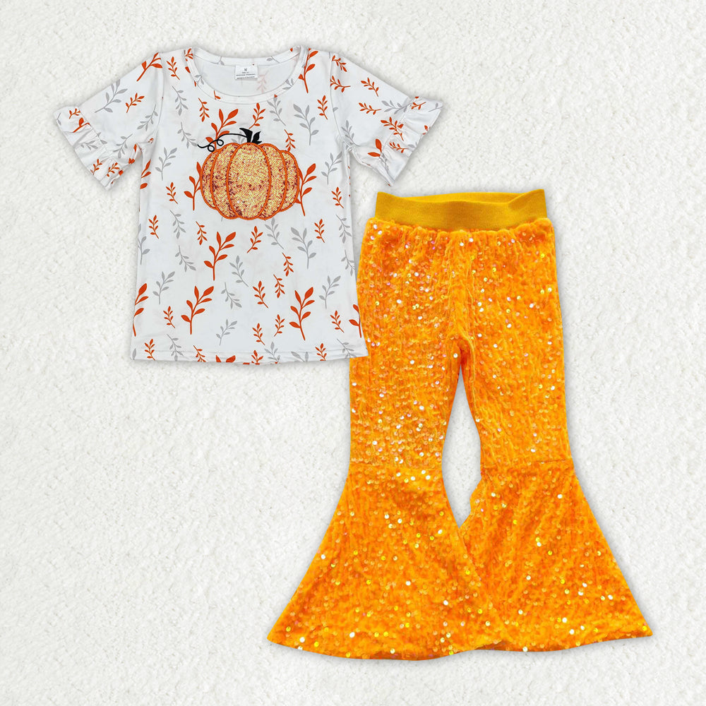 GSPO1729 Pumpkin Embroidery Top Orange Sequin Bell Pants Girls Fall Clothes Set