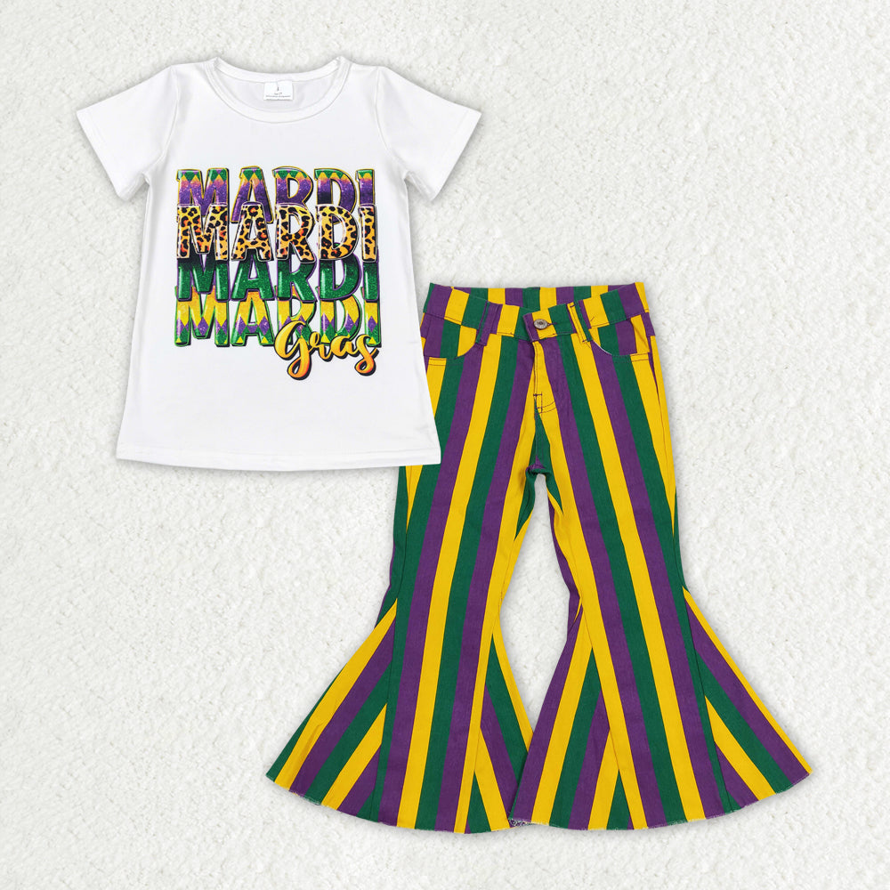 Sibling Baby Girls Mardigras Top Denim Bell Bottom Pants Clothes Sets