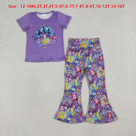 GSPO2272 Girls Cartoon Demon Purple Short Sleeve Top with Bell Bottom pants Outfit