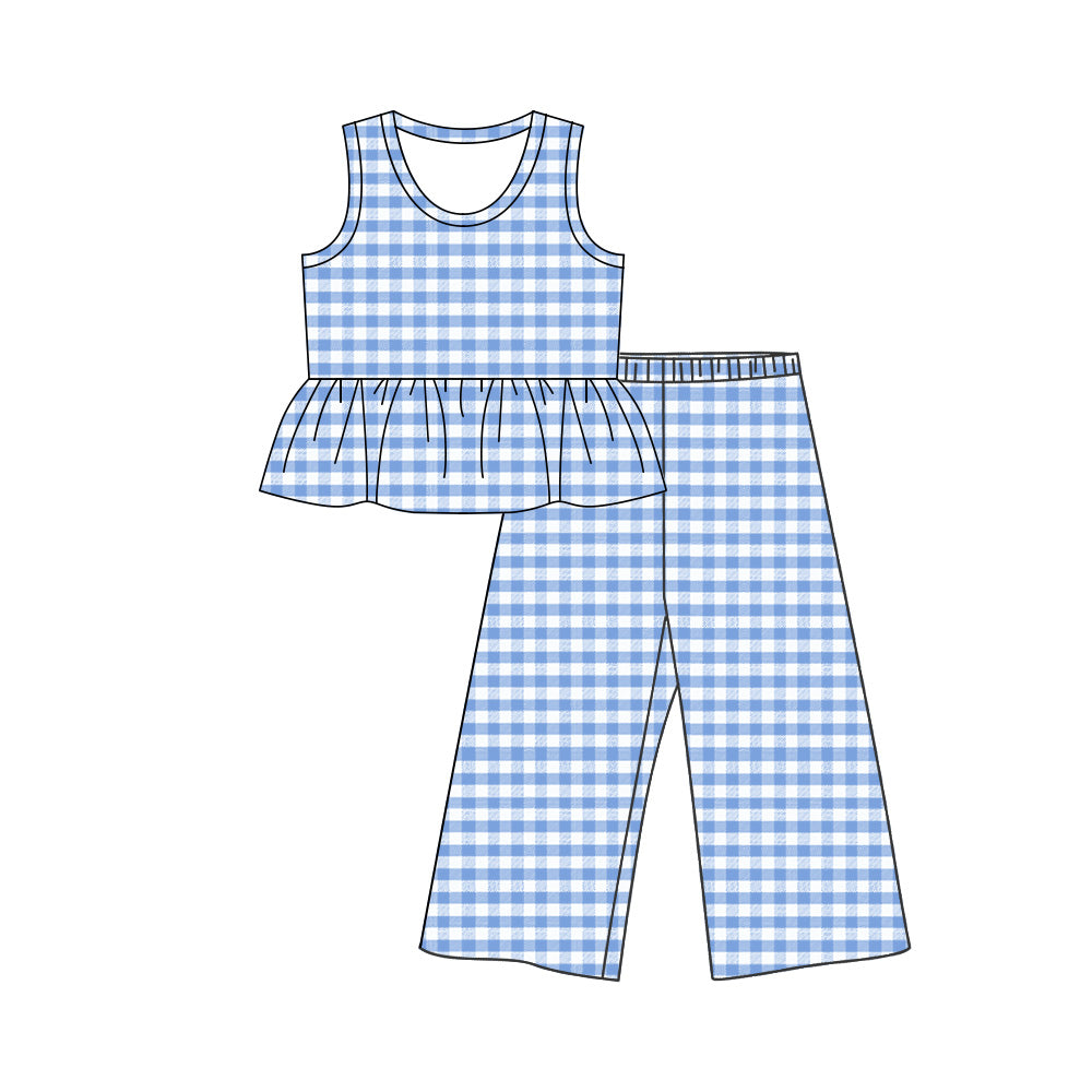 3.25 GSPO2305 Baby Girls Blue Checked Tunic Flare Pants Clothes Set Preorder