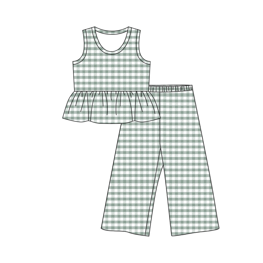 3.25 GSPO2307 Baby Girls Green Checked Tunic Flare Pants Clothes Set Preorder