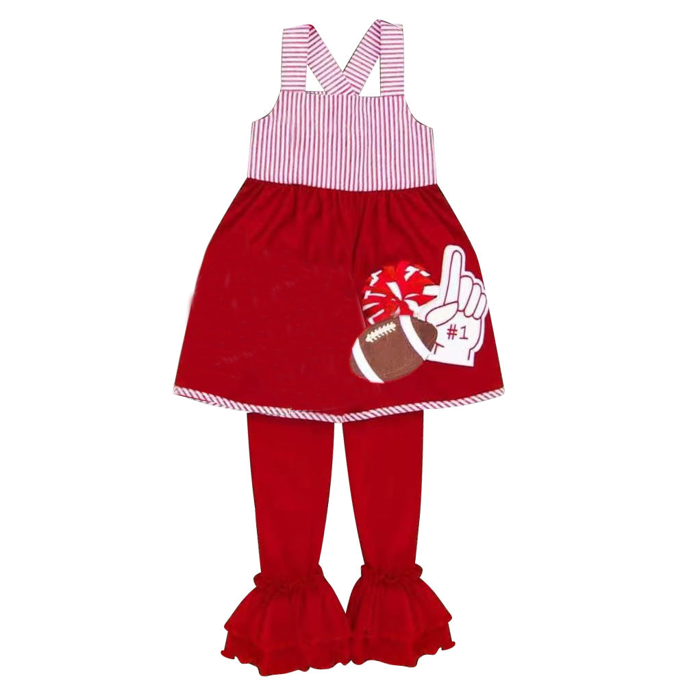 4.22 Preorder GSPO2322 Football Cheer Stripes Tunic Top Ruffle Pants Girls Clothes Set