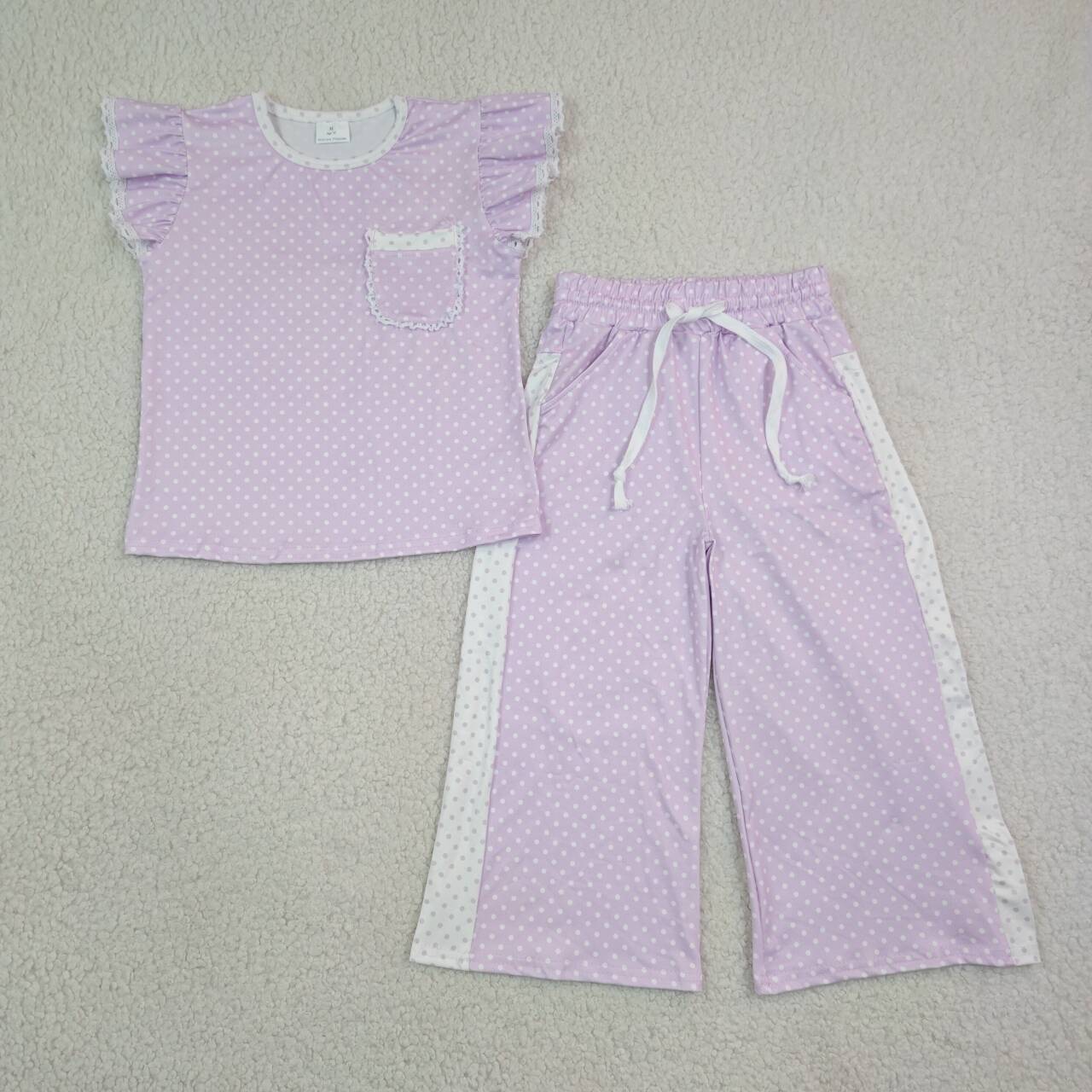 GSPO2328 Violet Dots Flutter Sleeve Top Straight Pockets Pants Girls Clothes Set