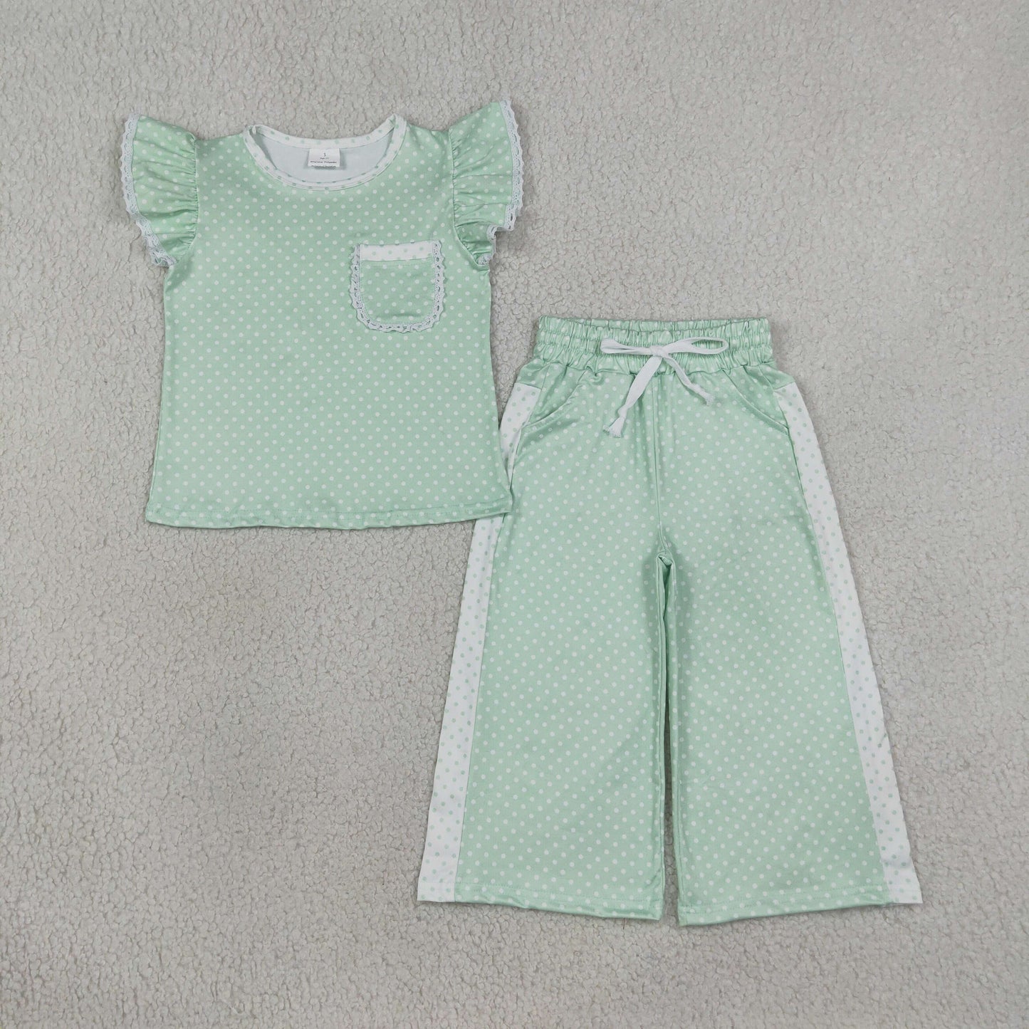GSPO2332 Green Polka Dot Flutter Sleeve Top Straight Pockets Pants Girls Clothes Set