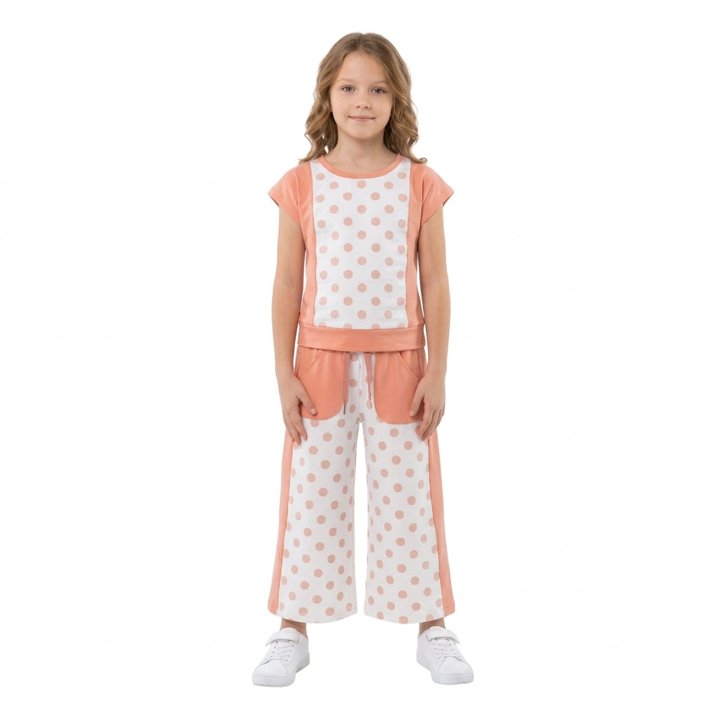 GSPO2333 Girls Pink Color Block Polka Dot Short Sleeve Top & Wide Leg Pants Outfit