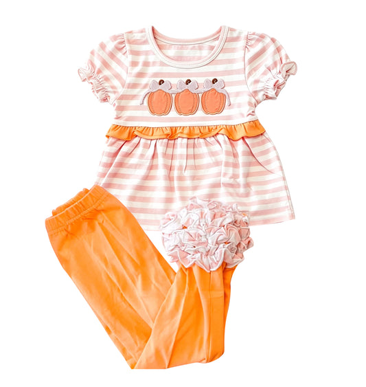 7.4 Preorder GSPO2337 Pumpkin Pink Stripes Tunic Top Orange Pants Girls Fall Clothes Set