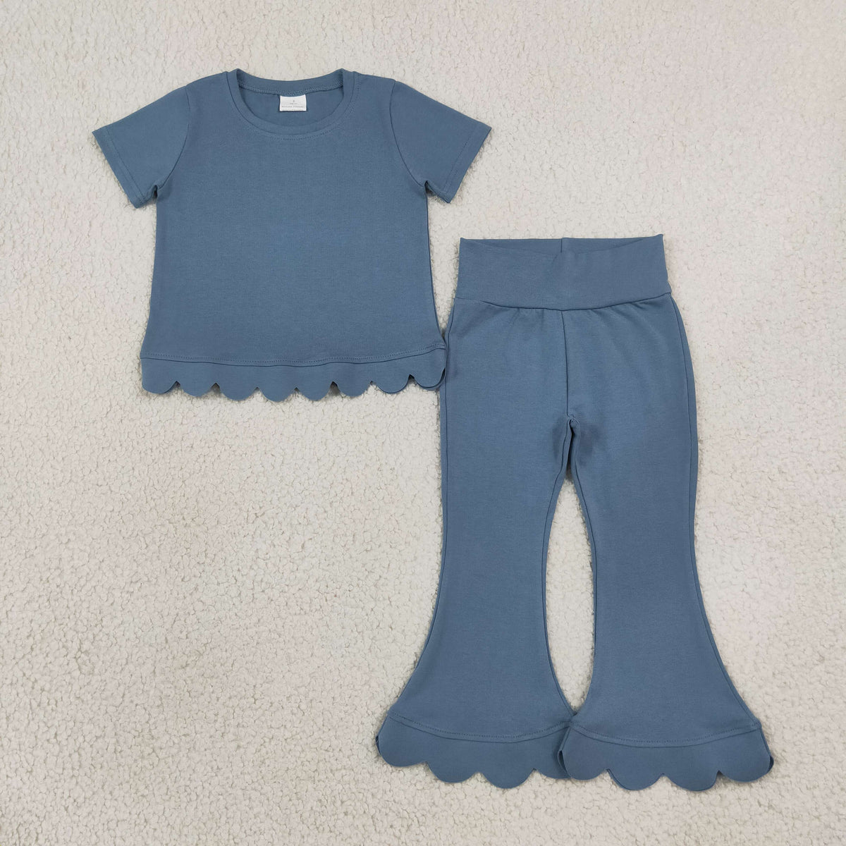 GSPO2339 Blue Cotton Scallop Edge Short Sleeve Bell Pants Girls Clothes Set