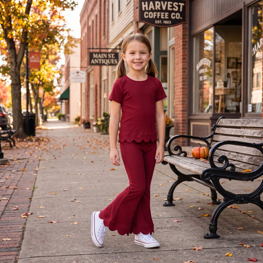 GSPO2344 Wine Cotton Scallop Edge Short Sleeve Bell Pants Girls Clothes Set