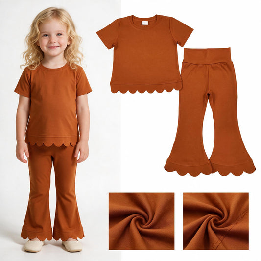 GSPO2345 Pumpkin Solid Color Cotton Scallop Edge Short Sleeve Bell Pants Girls Clothes Set