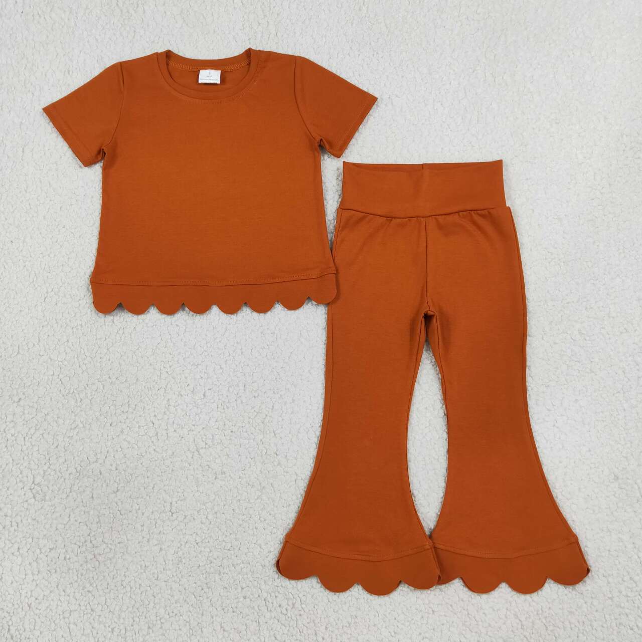 GSPO2345 Pumpkin Solid Color Cotton Scallop Edge Short Sleeve Bell Pants Girls Clothes Set
