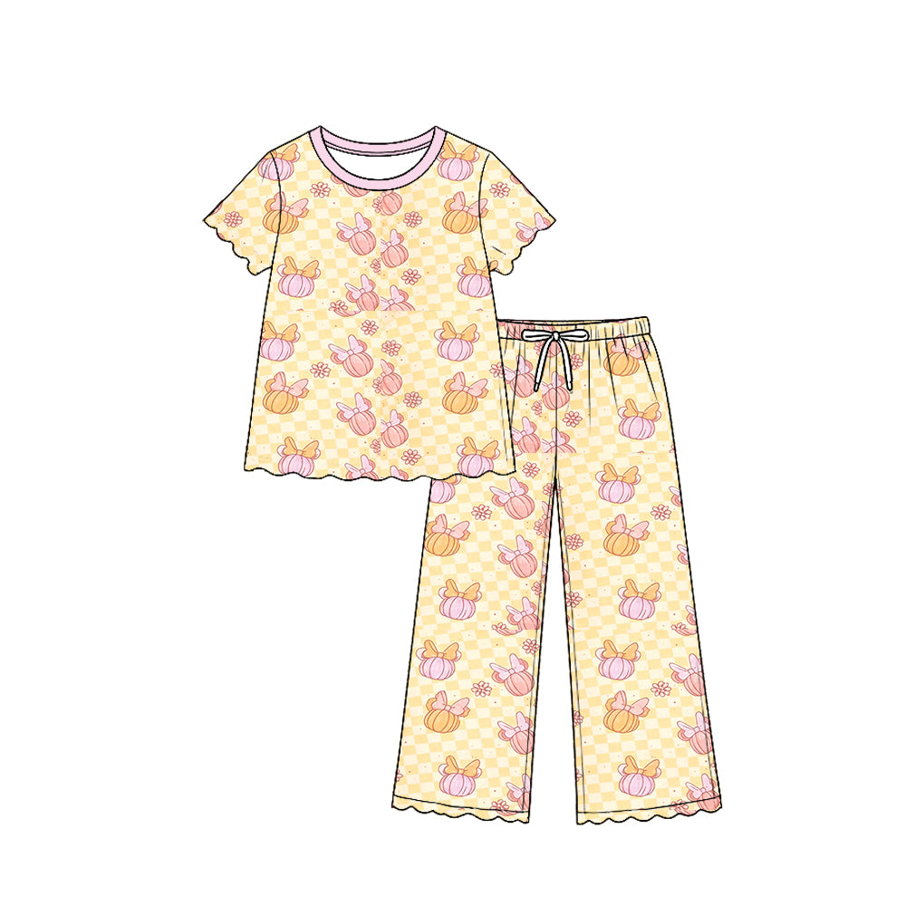 8.13 GSPO2365 Preorder Cartoon Mouse Pumpkin Flowers Checkered Print Girls Fall Scallop Edge Clothes Set