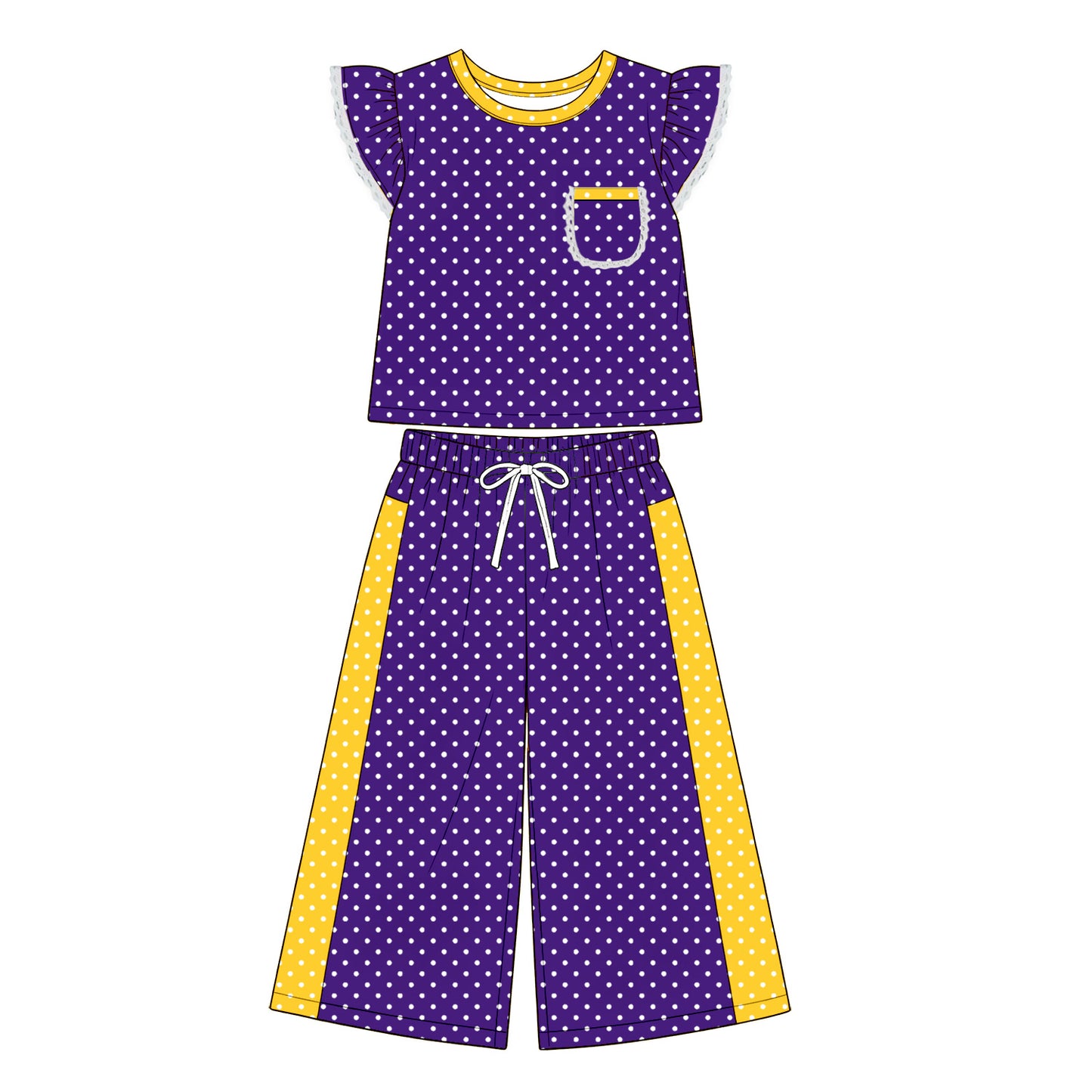 8.20 GSPO2366 Preorder Kids Girls Purple Polka Dot Ruffle Sleeve Top with Wide Leg Pants Outfit