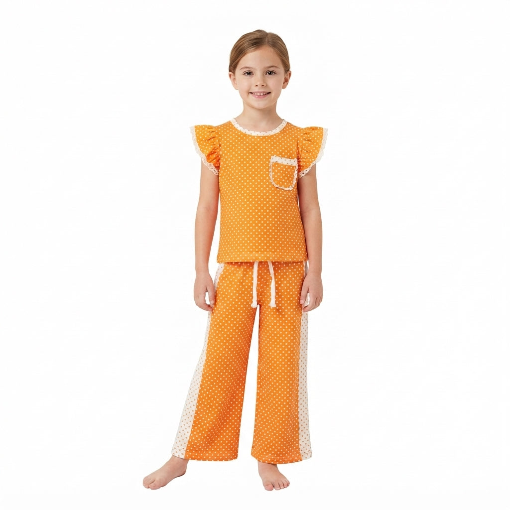 GSPO2367 Teams Orange Polka Dot Ruffle Sleeve Top with Wide Leg Pants Girls Tennessee Outfits