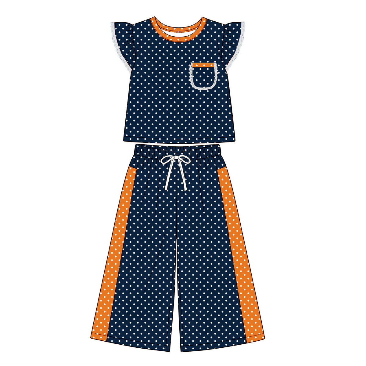 8.20 GSPO2368 Preorder Kids Girls Navy Polka Dot Ruffle Sleeve Top with Wide Leg Pants Outfit