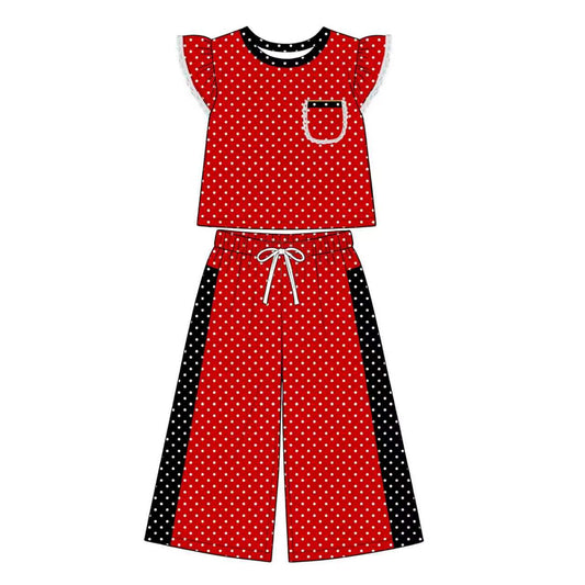 8.20 GSPO2370 Preorder Kids Girls Red Polka Dot Ruffle Sleeve Top with Wide Leg Pants Outfit