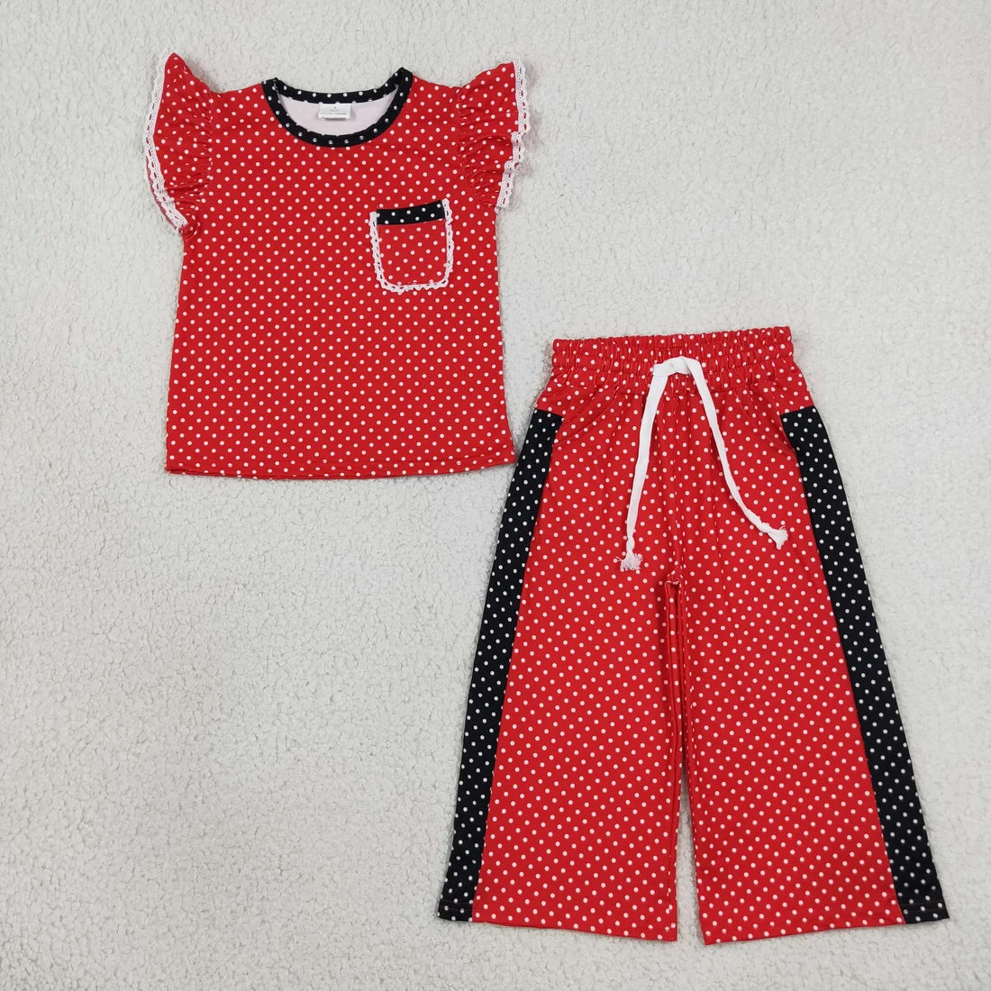 Sibling Kids Girls Polka Dot Flutter Sleeve Top with Wide Leg Pants Outfit