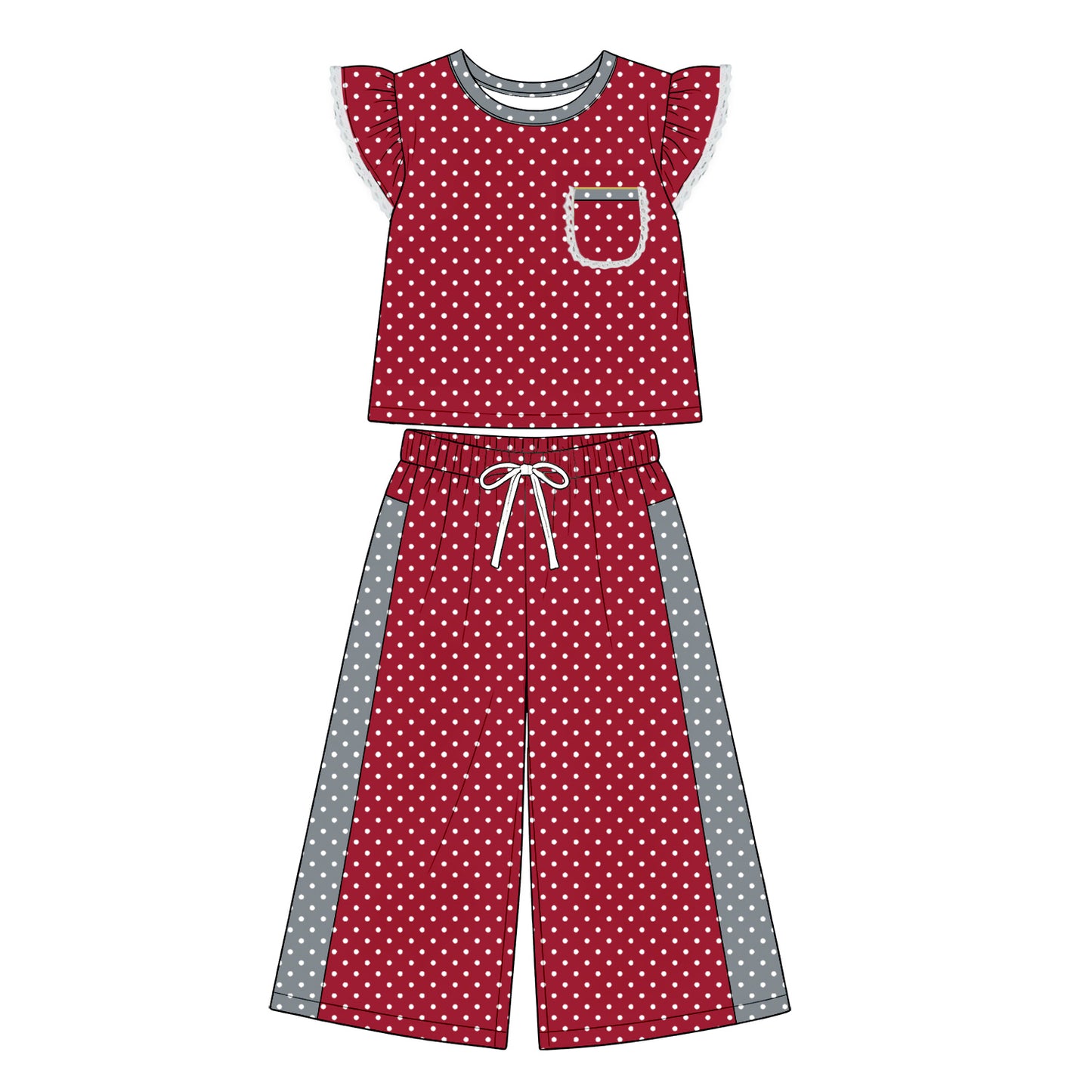 8.20 GSPO2371 Preorder Kids Girls Dark Red Polka Dot Ruffle Sleeve Top with Wide Leg Pants Outfit