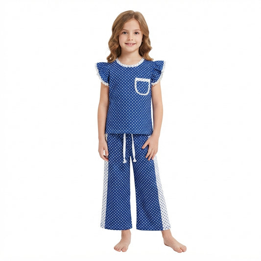 GSPO2372 Teams Royal Blue Polka Dot Ruffle Sleeve Top with Wide Leg Pants Girls Outfit