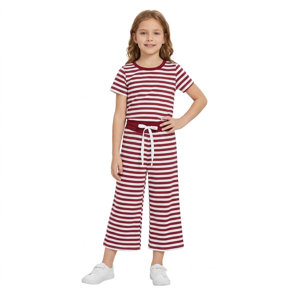 GSPO2384 Wine Red Stripes Print Short Sleeve Top Straight Pants Girls Clothes Set