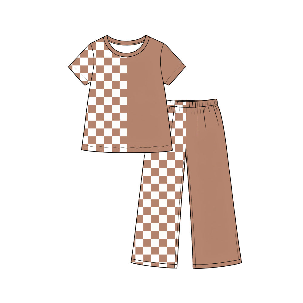 10.1 Preorder GSPO2404 Baby Girls Brown Checkerboard Short Sleeve Top Wide Leg Pants Outfit