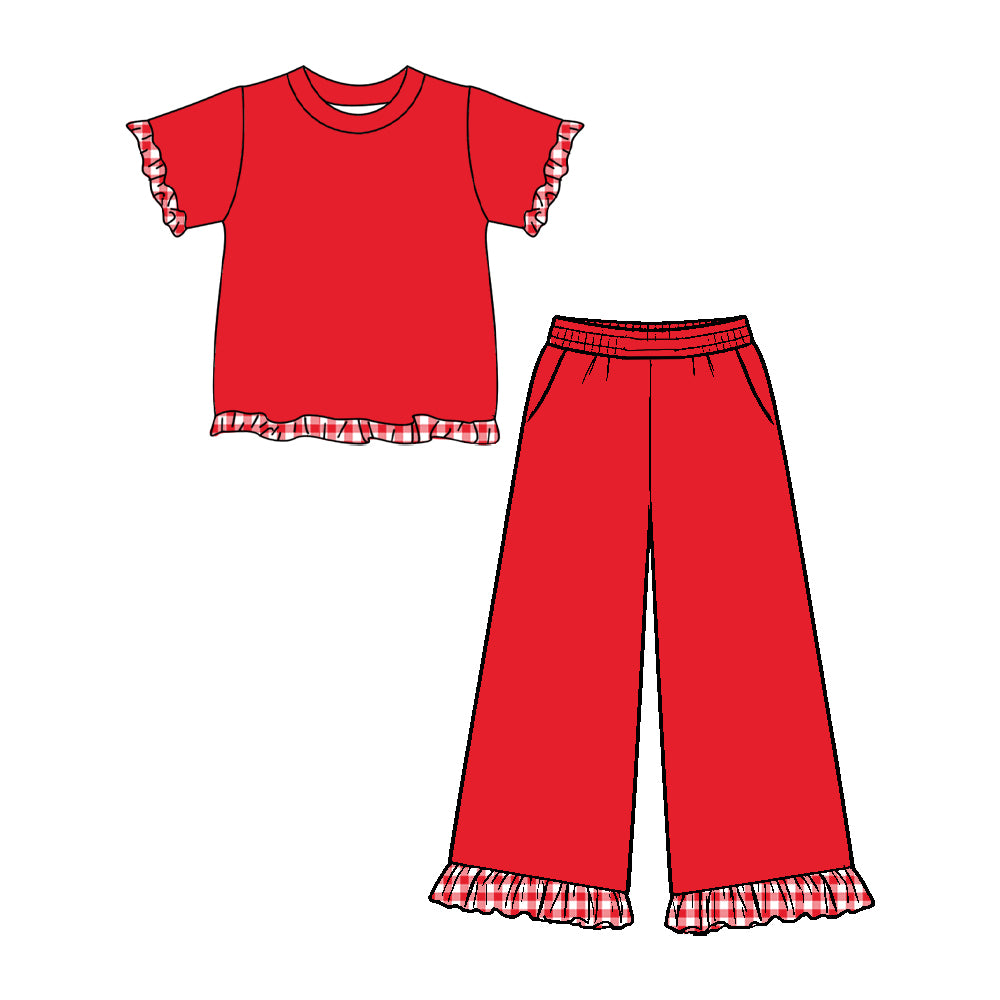 10.16 GSPO2408 Preorder Kids Girls Red Short Sleeve Top Pants Outfit with Gingham Tirm