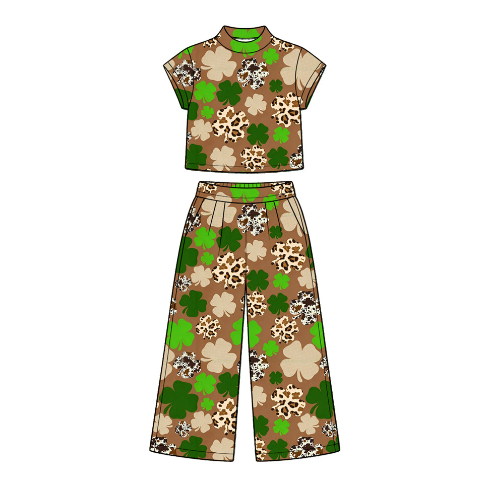10.16 GSPO2416 Preorder Leaf Leopard Print Mock Neck Top Straight Pants Girls St Patrick Day Clothes Set