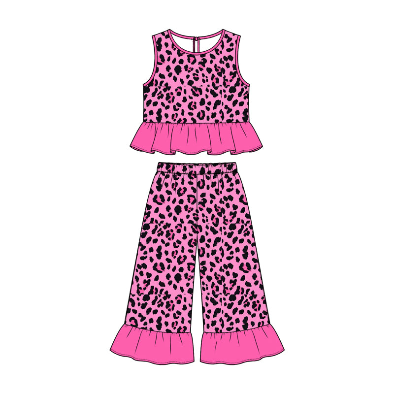 10.23 GSPO2420 Preorder Girls Hot Pink Leopard Peplum Top & Ruffle Pants Summer Set