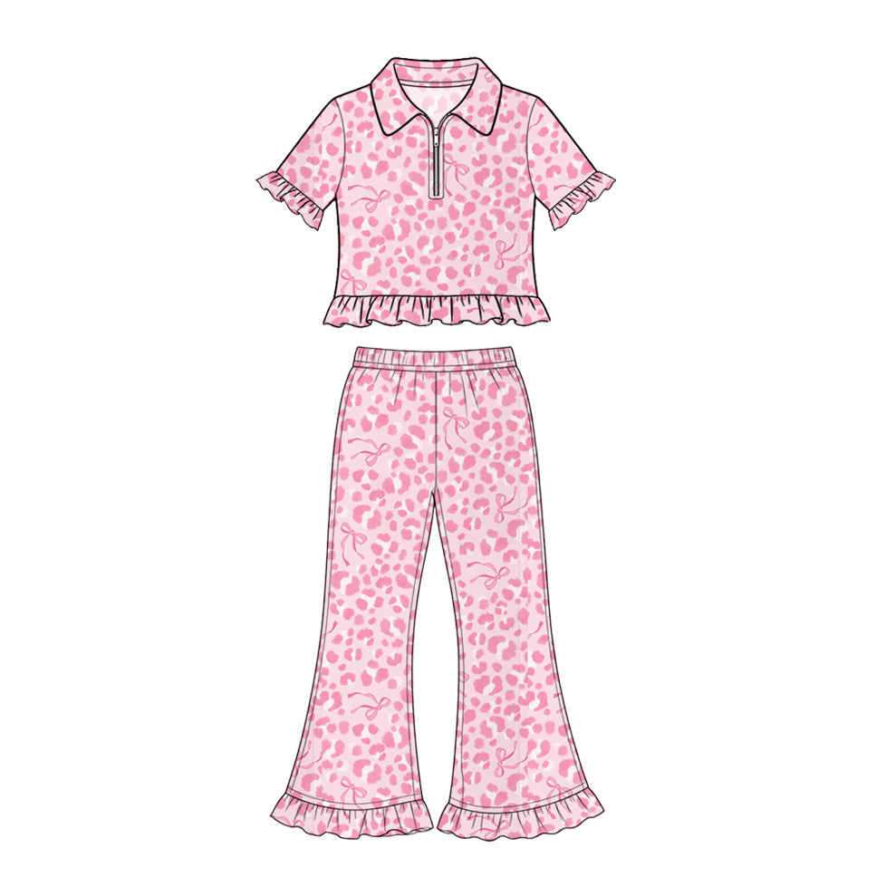 10.23 GSPO2423 Preorder Girls Pink Leopard Short Sleeve PUllover Top Bell Botton Pants Outfit