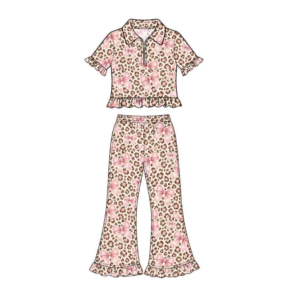 10.23 GSPO2424 Preorder Girls Leopard Bow Short Sleeve PUllover Top Bell Botton Pants Outfit