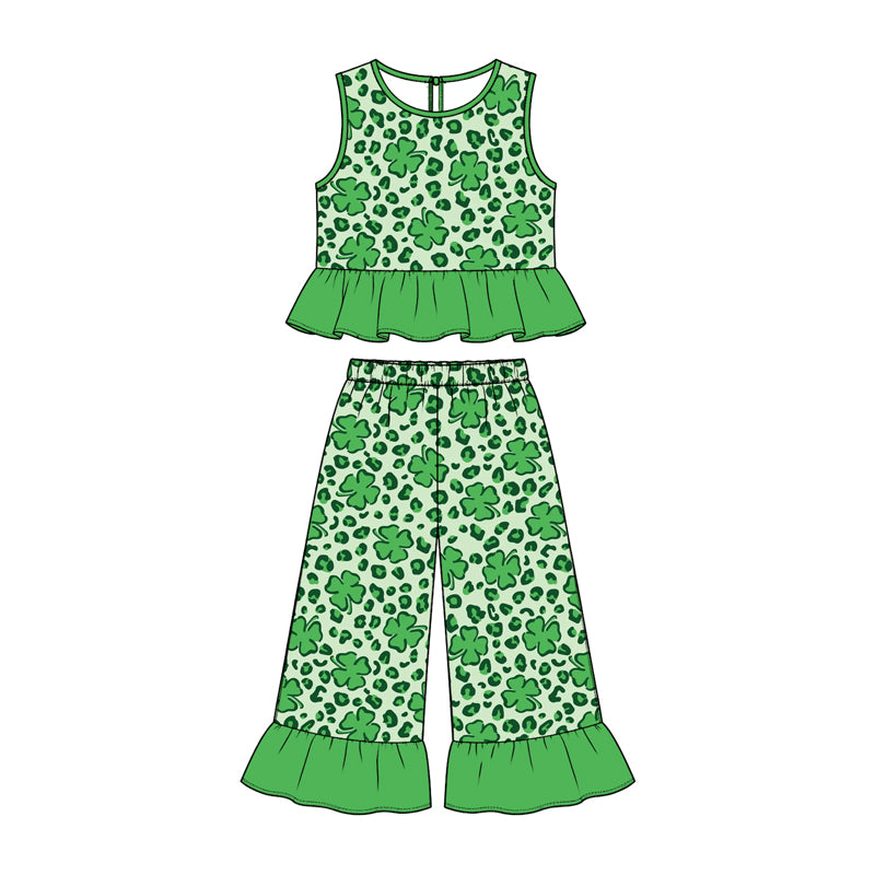 10.23 GSPO2426 Preorder Girls St. Patrick's Day Clover Short Sleeve peplum Top Ruffle Pants Outfit