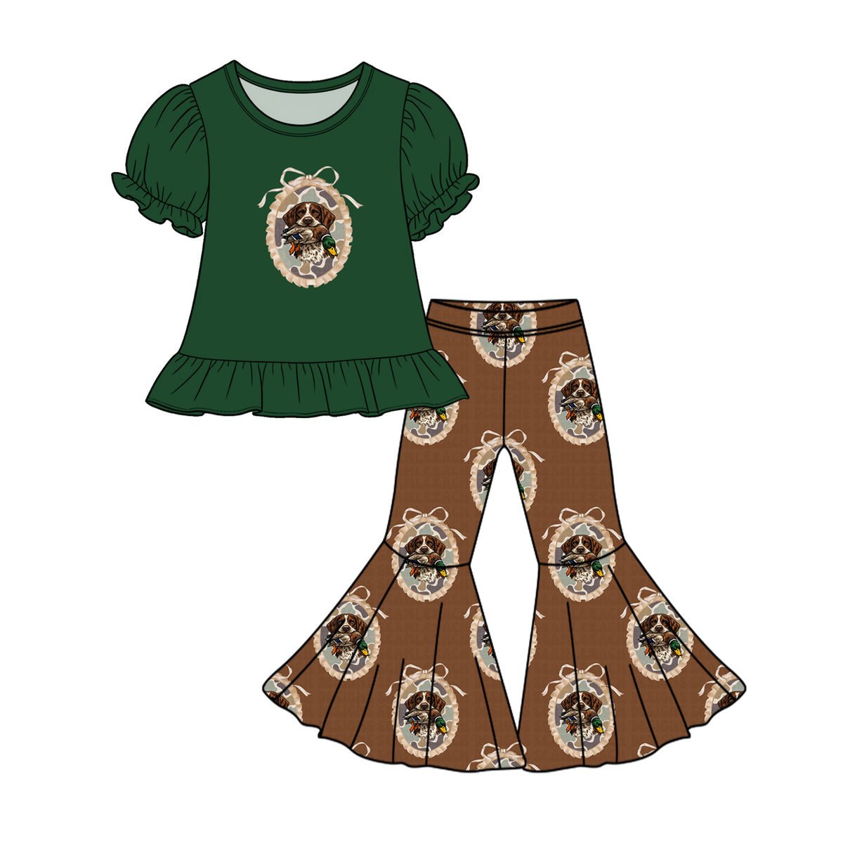 10.29 GSPO2429 Preorder Kids Girls Hunting Dog Duck Bell Bottom Pants Outfit