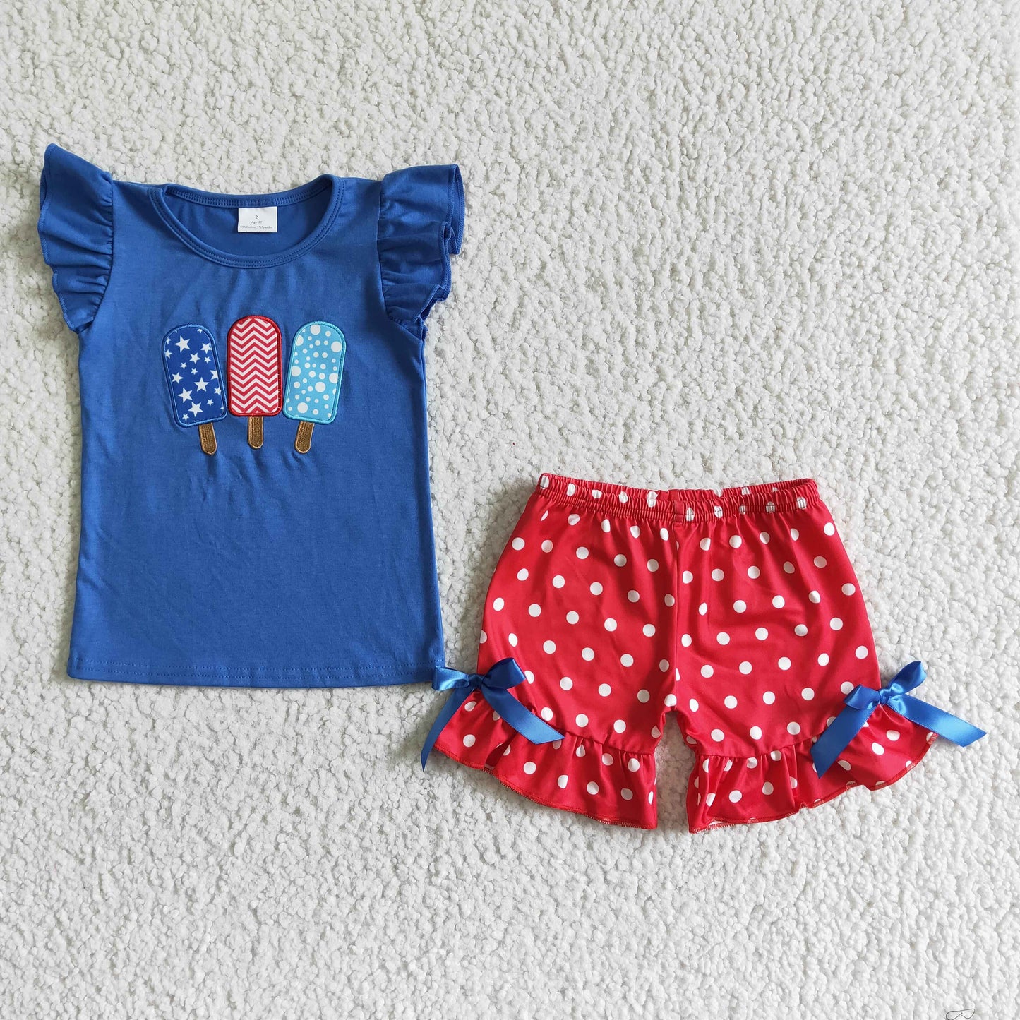 GSSO0090 Popsicle Embroidery Blue Top Red Dots Shorts Girls 4th of July Clothes Set