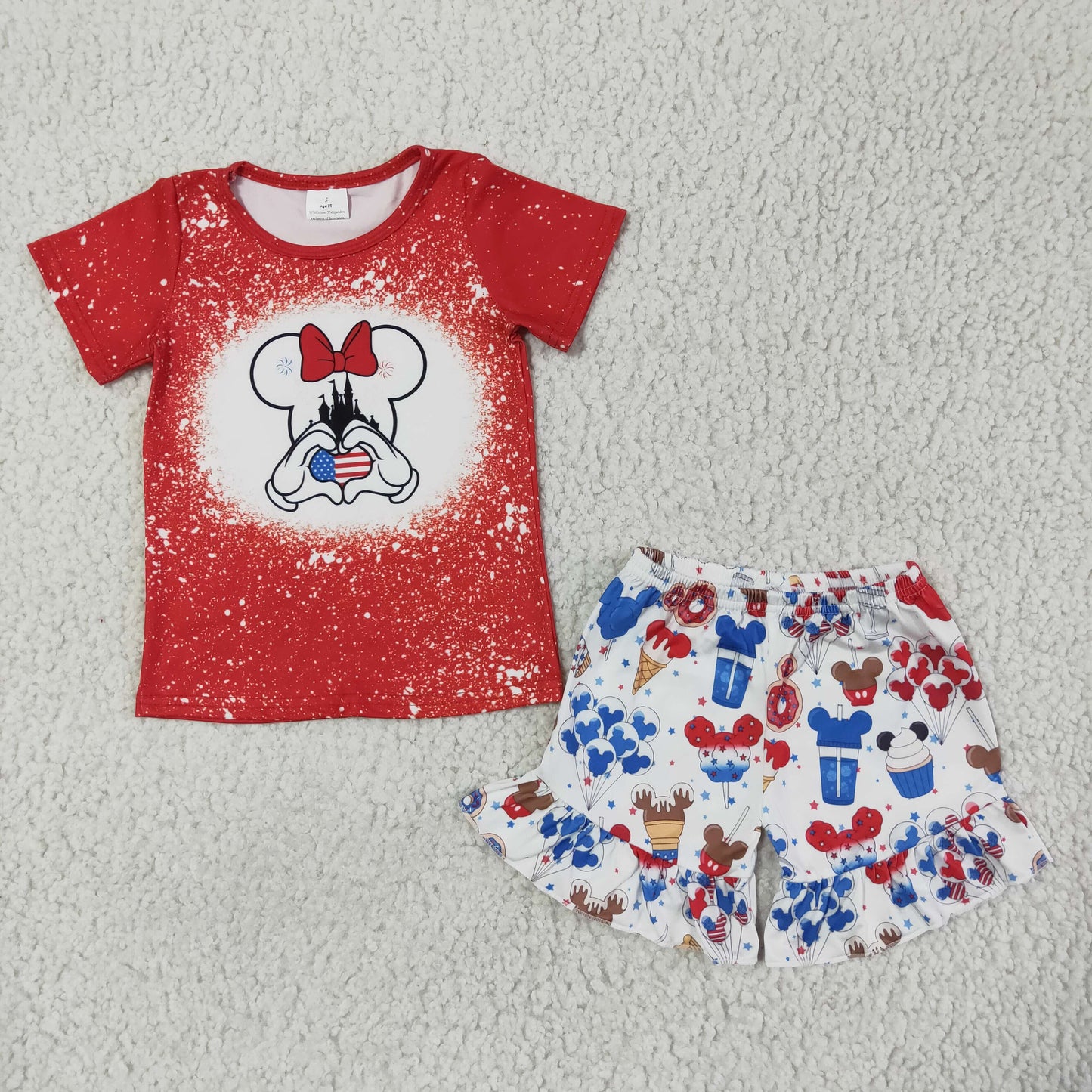 (Promotion)GSSO0110 Cartoon Mouse Red Top Cake White Shorts Girls 4th of July outfits