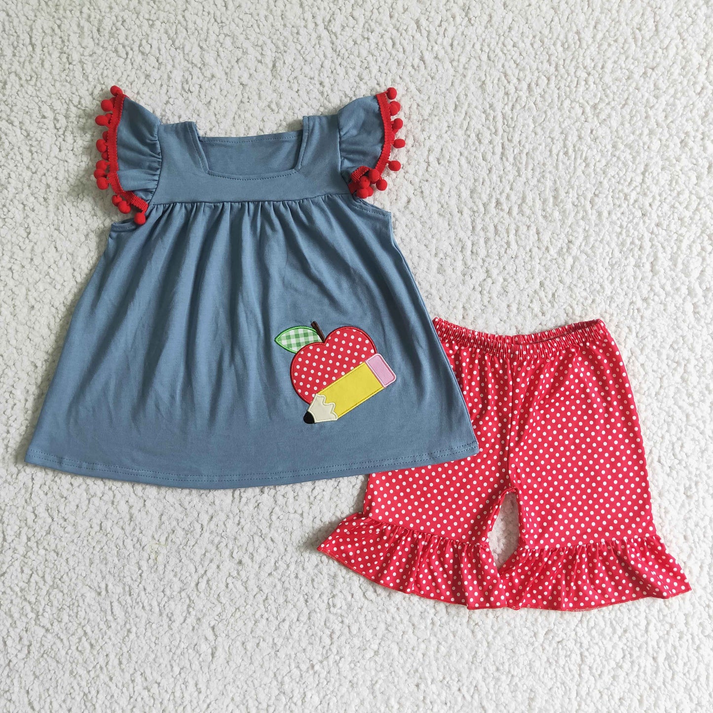 GSSO0120 Pen Apple Embroidery Grey Top Dots Shorts Girls Back to School Clothes Set