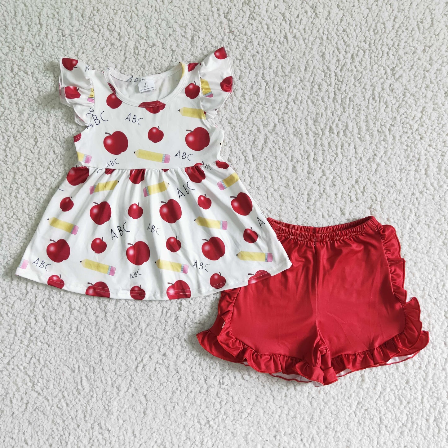 GSSO0121 Pen Apple ABC Tunic Top Red Shorts Girls Back to School Clothes Set