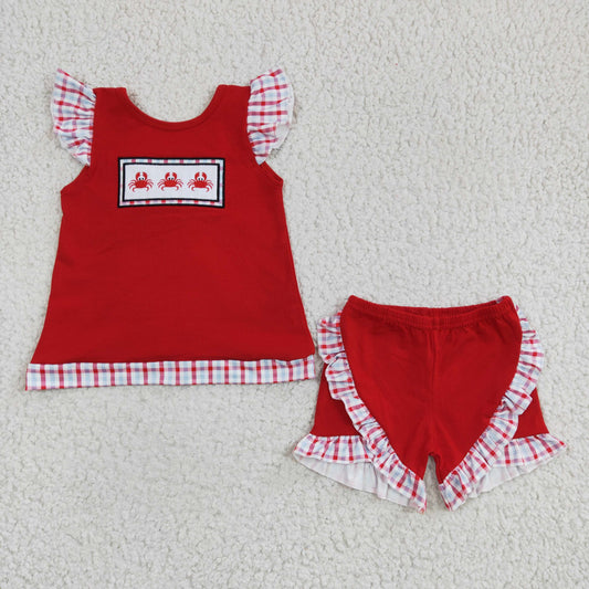 Toddler Girl Crab Embroidery Outfit - Red Plaid Ruffle Top & Shorts Set